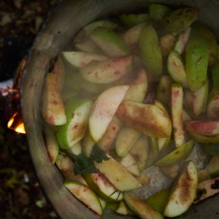 Apples cooking on a foraging course.